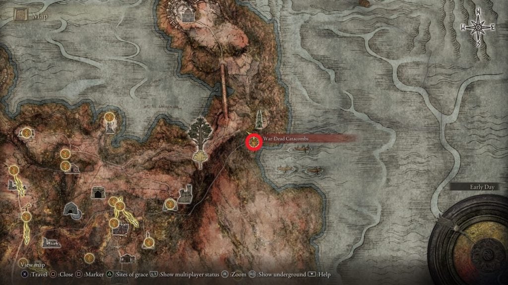 The location of the War-Dead Catacombs in Elden Ring.