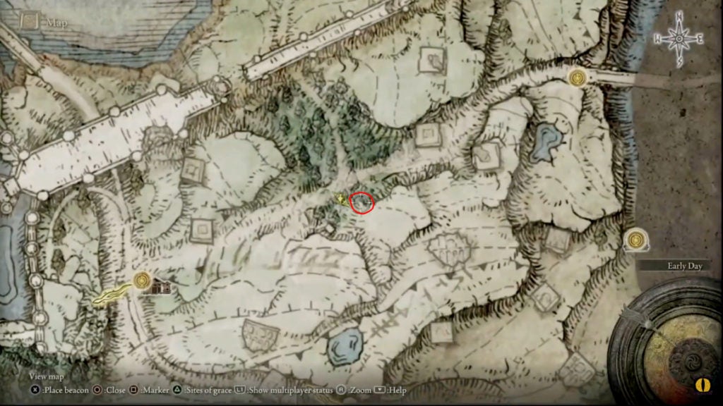 Red circle on the map showing where the player can find Knight Bernahl by the crossroads in a small forest.