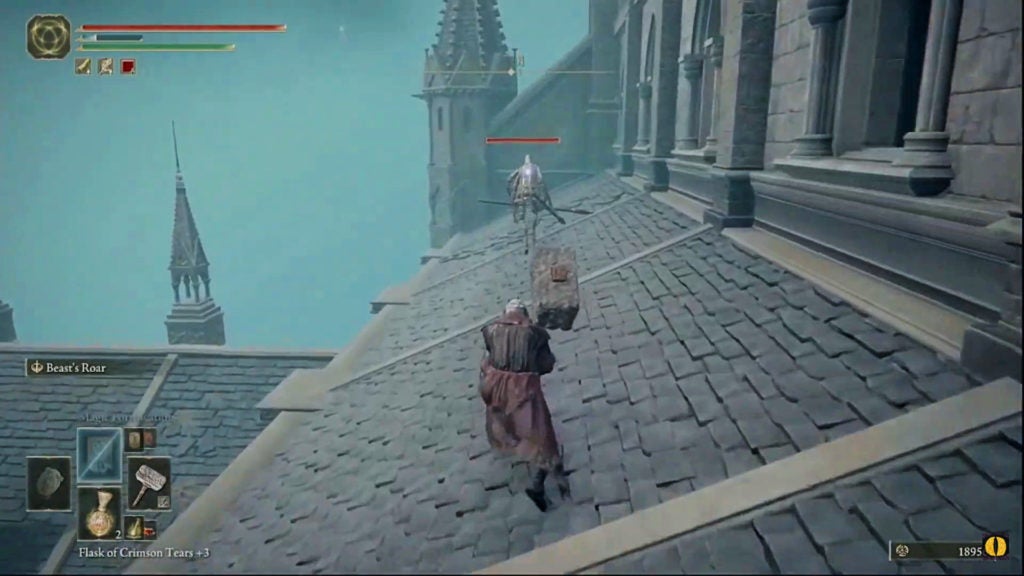 The player sneaking up on a marionette soldier atop a roof.