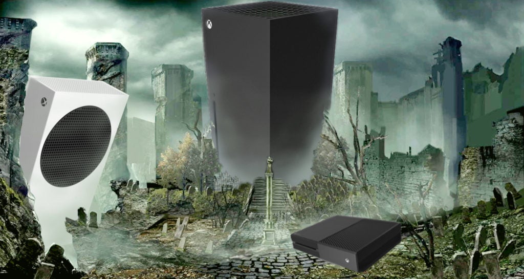 Edited image from the Elden Ring artbook with an xbox series x replacing the tower in Godrick's boss room, an xbox series s replacing a crumbling building to the left, and an xbox one resting on the ground by an obelisk in the center of the image.