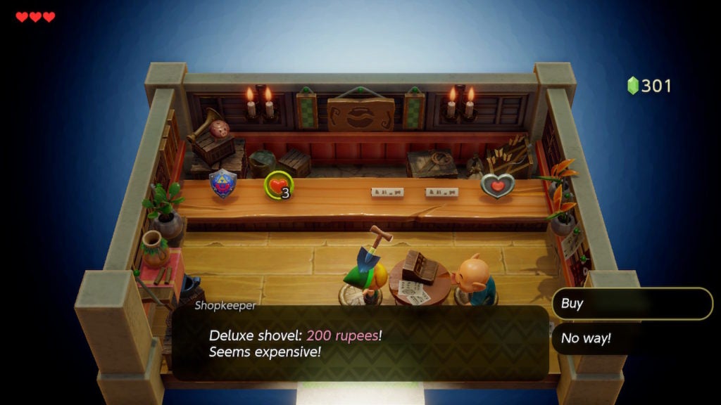 Link buying the Deluxe Shovel in the Town Tool Shop.