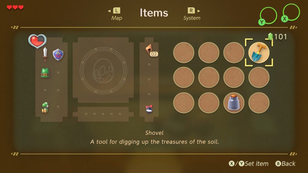 A description that says that the shovel is used for digging up treasure from the soil.