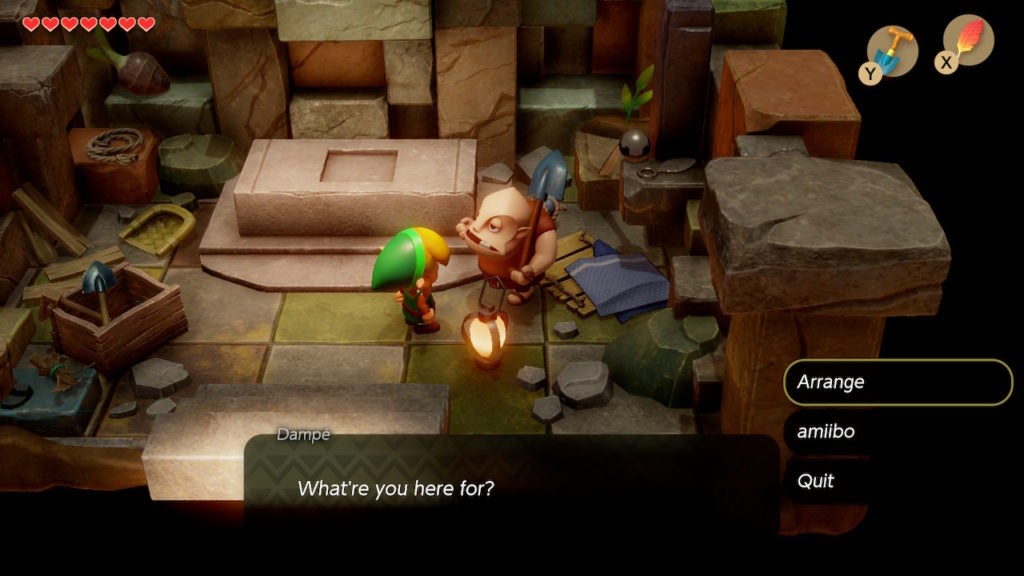 Link seeing some options when talking to Dampé: "arrange", "amiibo", and "quit".