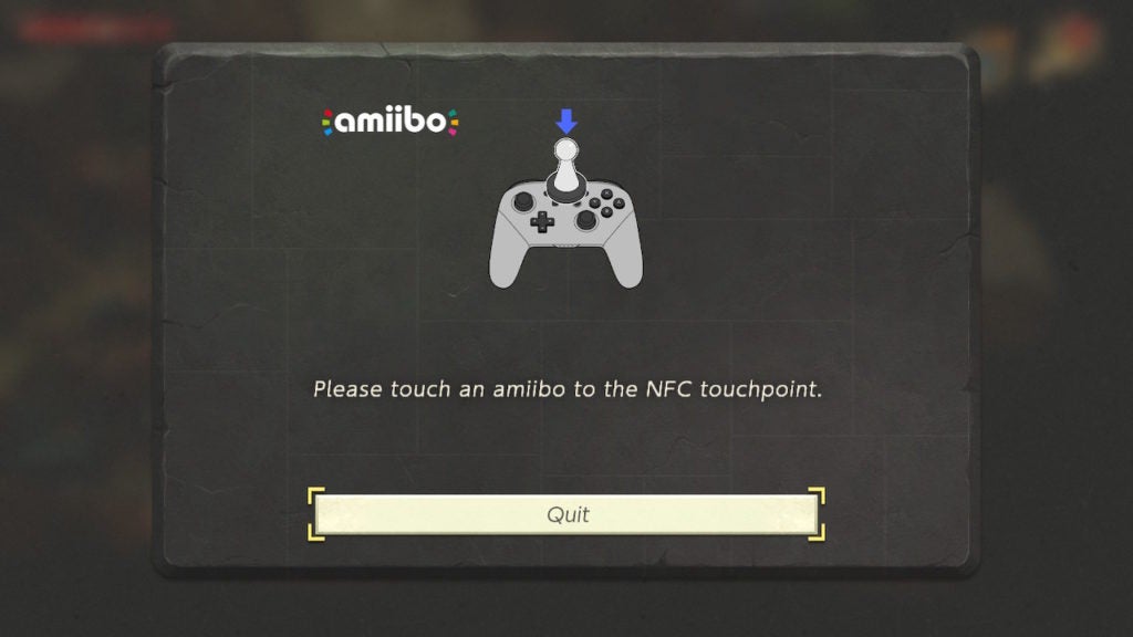 The amiibo system in the Nintendo Switch giving the player the prompt to scan their amiibo figure.