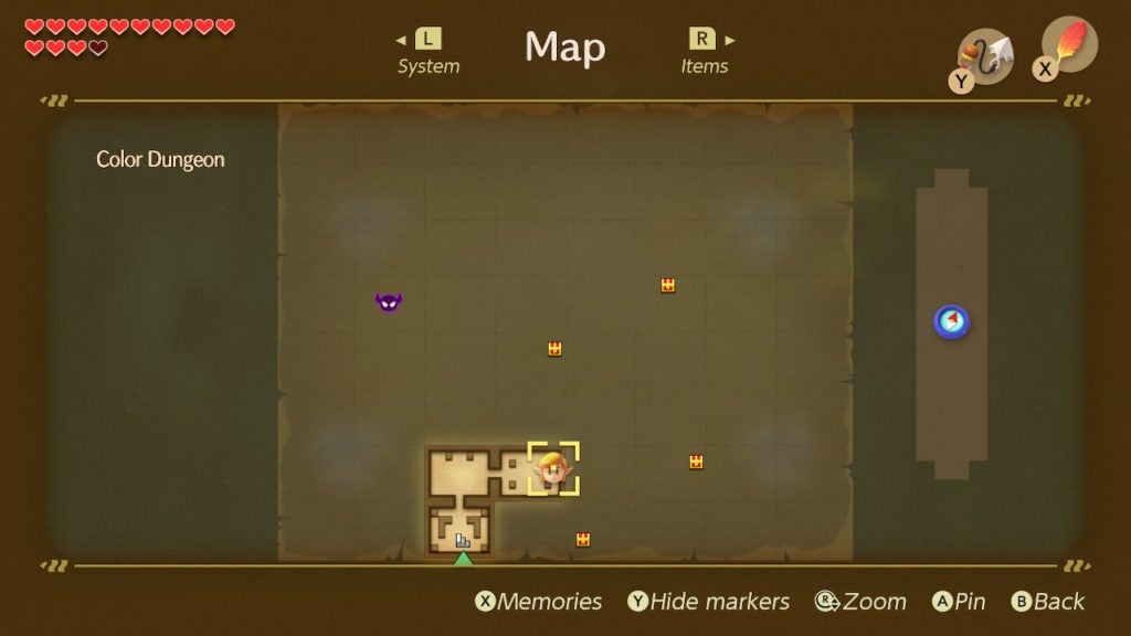 View of the Color Dungeon map with only the chests and boss room appearing.