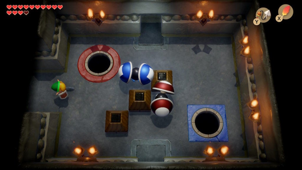 Link in a room with a Red Orb Monster and a Blue Orb Monster.