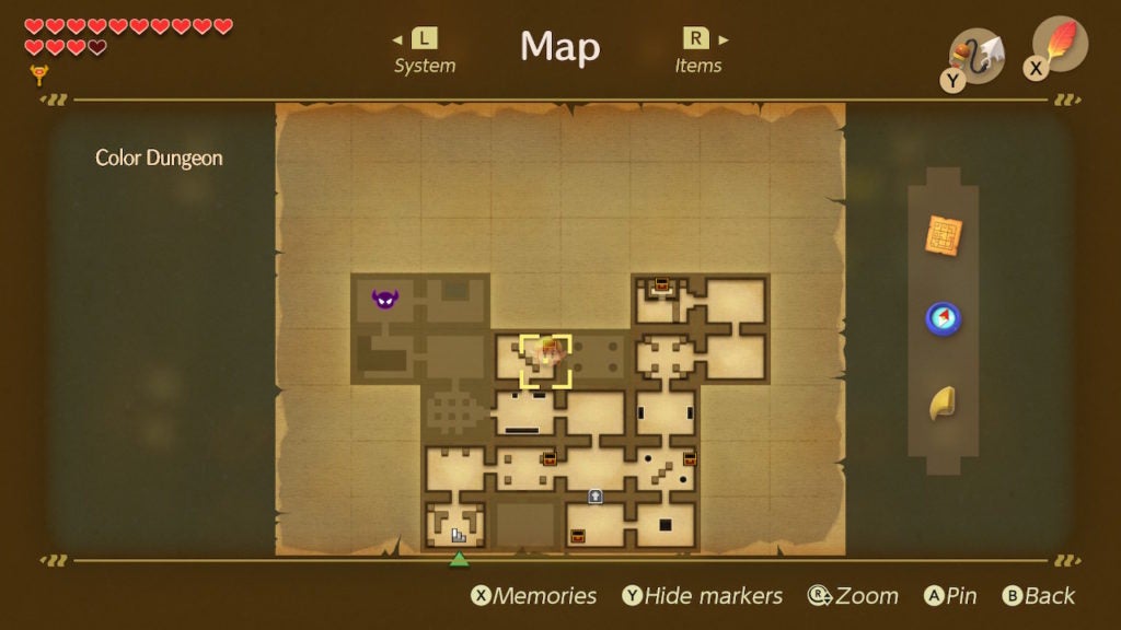 Link looking at the Color Dungeon map with everything appearing.