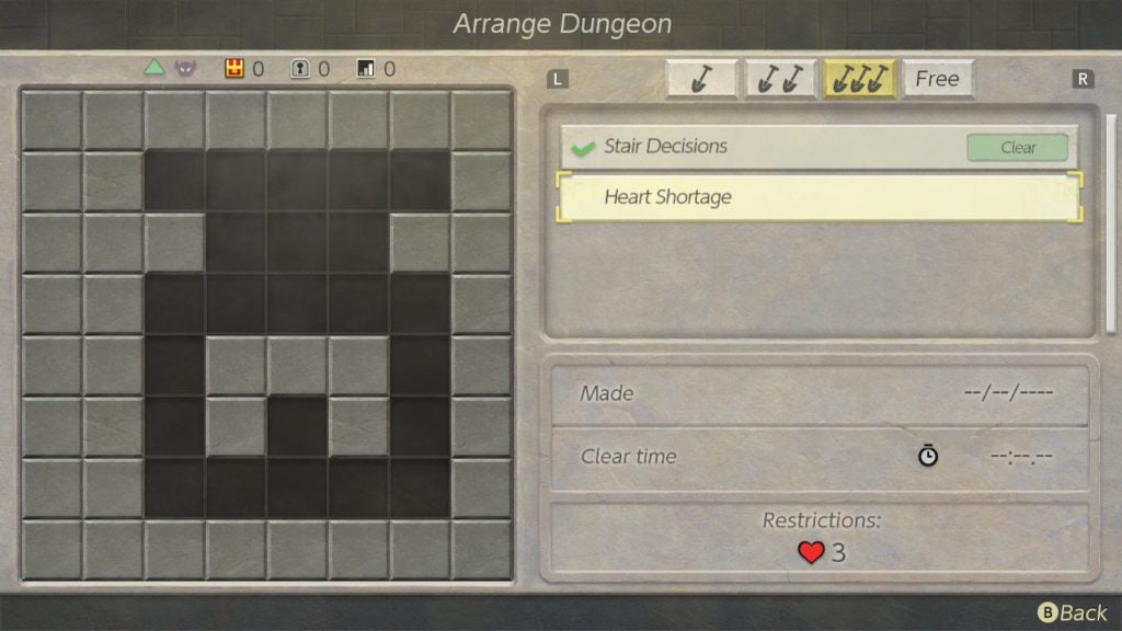 The level of dungeon arranging titled "Heart Storage". The map outline is in the shape of a Fairy Bottle.