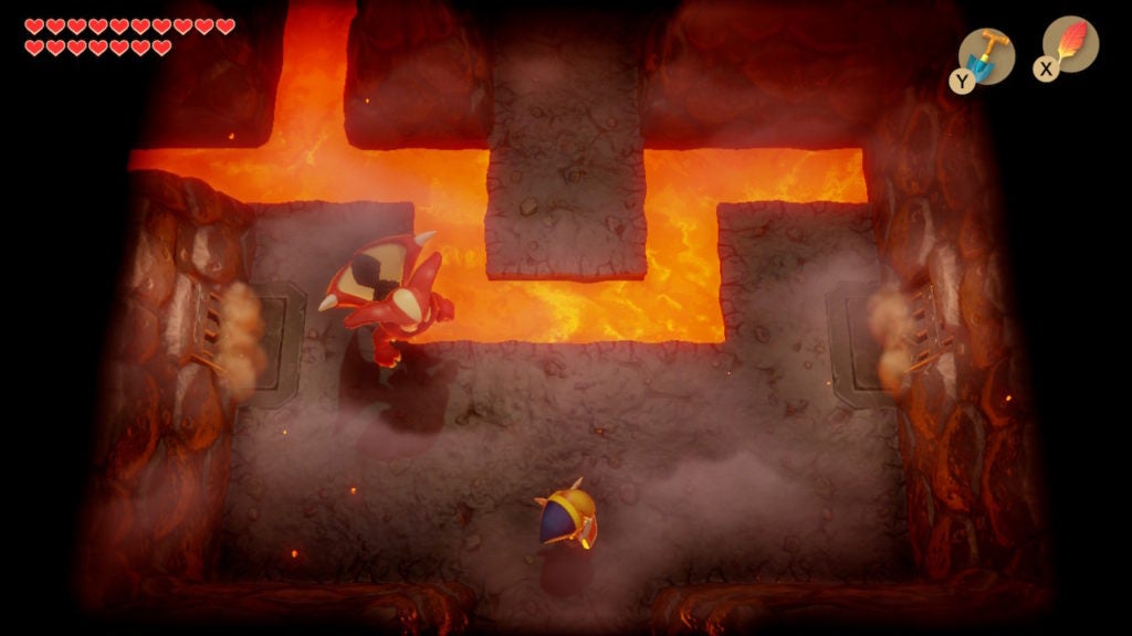 Link in a room with lava and 1 Vire. The Vire enemy looks like a red flying demon.