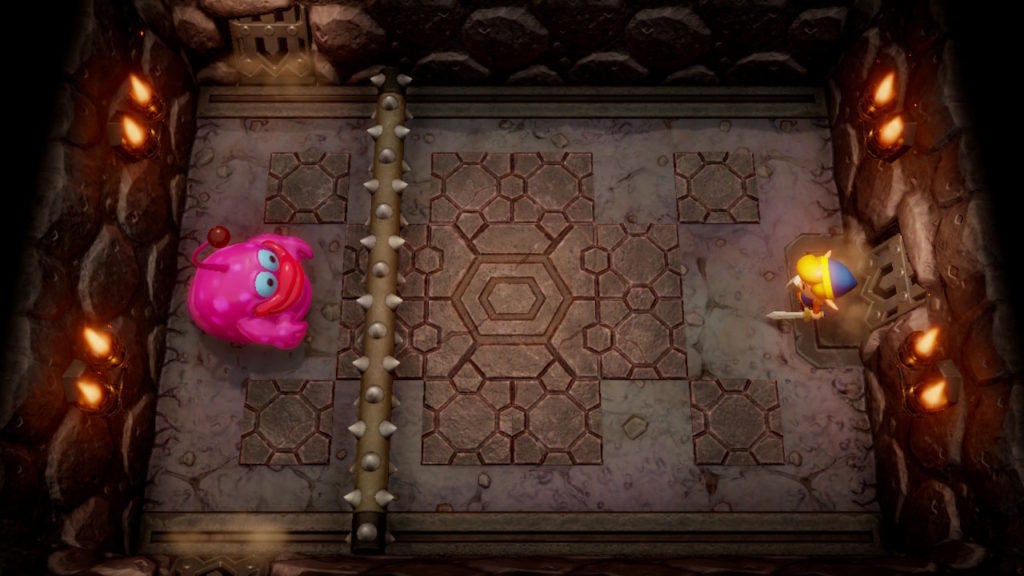 Link facing a pink blob named Spike Roller.