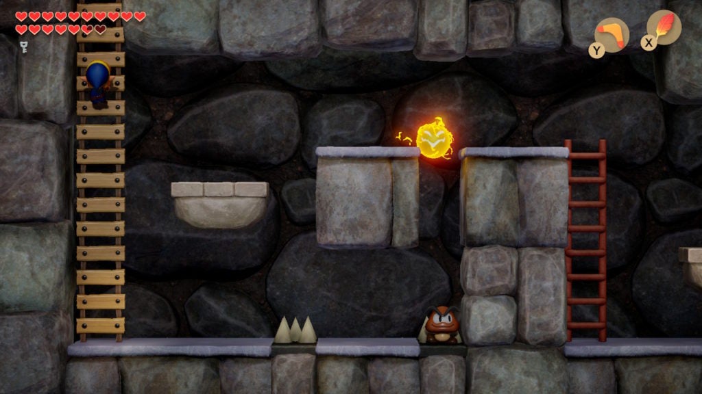 Link descending a ladder into a side-view tunnel with a Goomba and a Spark nearby.