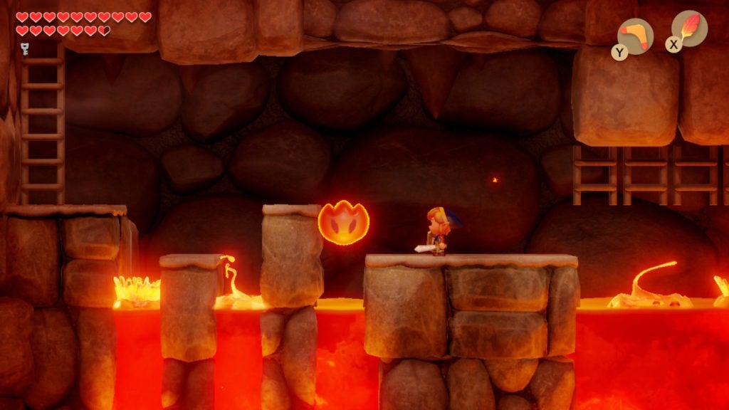 Link in a tunnel full of lava with a Podoboo ahead of them.