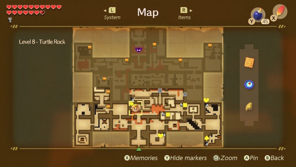 View of Level 8 - Turtle Rock's map with the Compass and Dungeon Map. All rooms are shown, with the unexplored ones being darker.