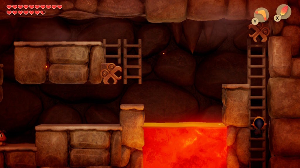 Link climbing down a ladder in a side-view lava tunnel.