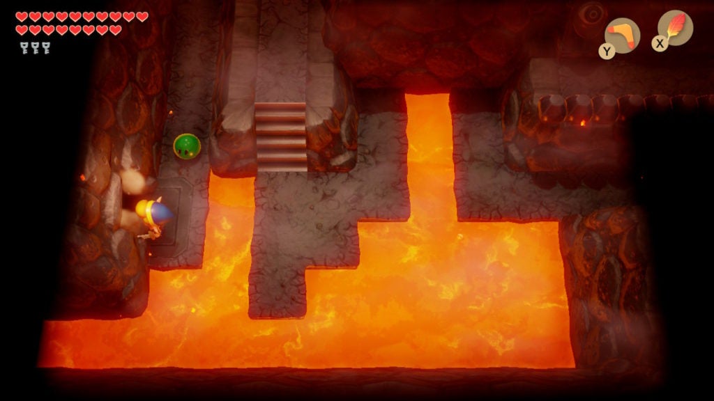 Link opening a locked door in the west wall in a room full of lava.