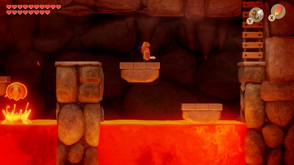 Link jumping across moving platforms above lava.