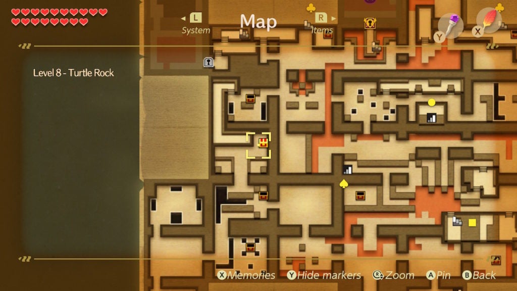 A view of the map with the yellow cursor over the chest holding the seventh Small Key in a room in the west of the dungeon.