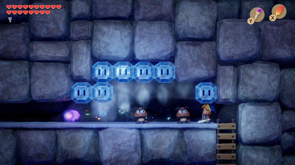 Link blasting through ice blocks with the Magic Rod's purple fireball.