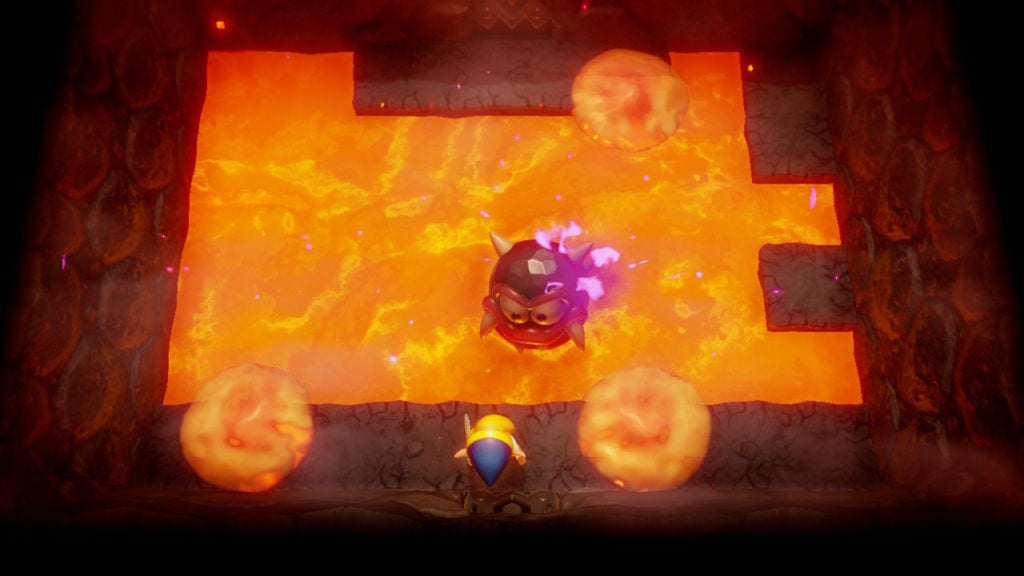 The player defeating Hot Head and watching them explode in purple flames.
