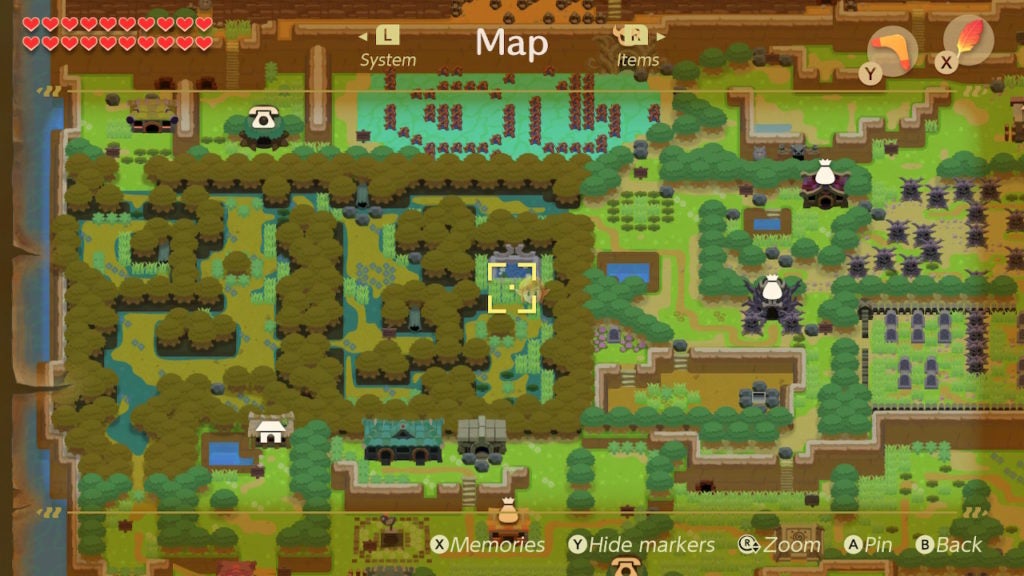 Map view of Link standing near the clearing with the Great Fairy in the Mysterious Forest.