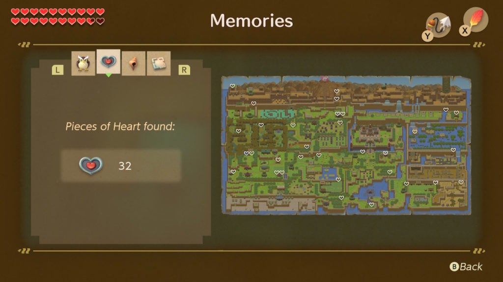 All 32 Heart Pieces marked with white hearts on the map to show their locations.