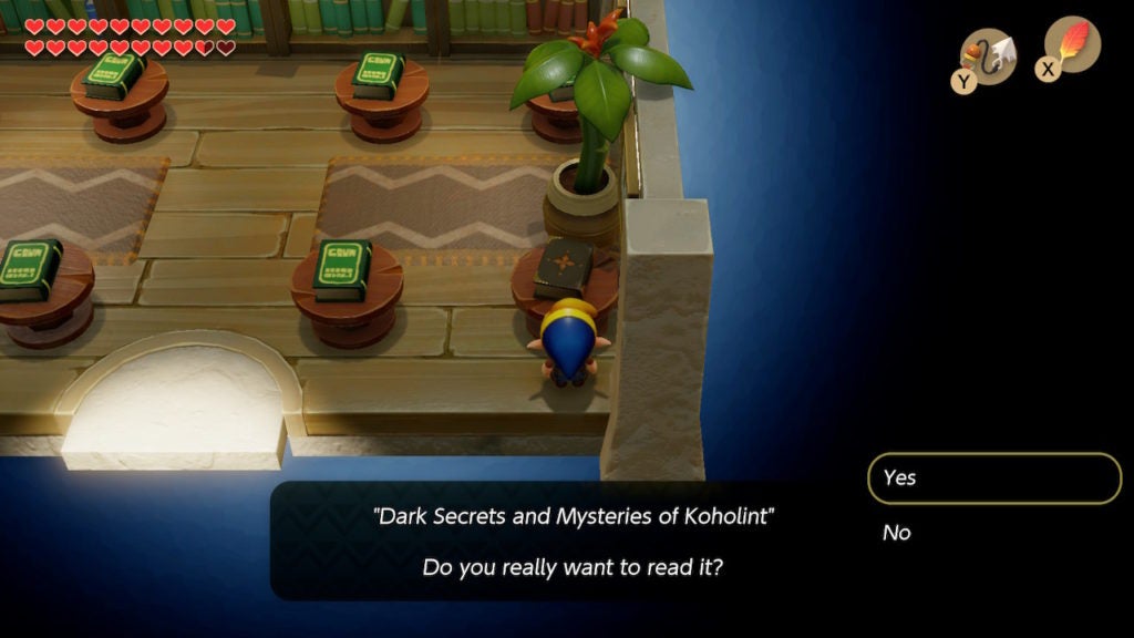 Link reading Dark Secrets and Mysteries of Koholint.