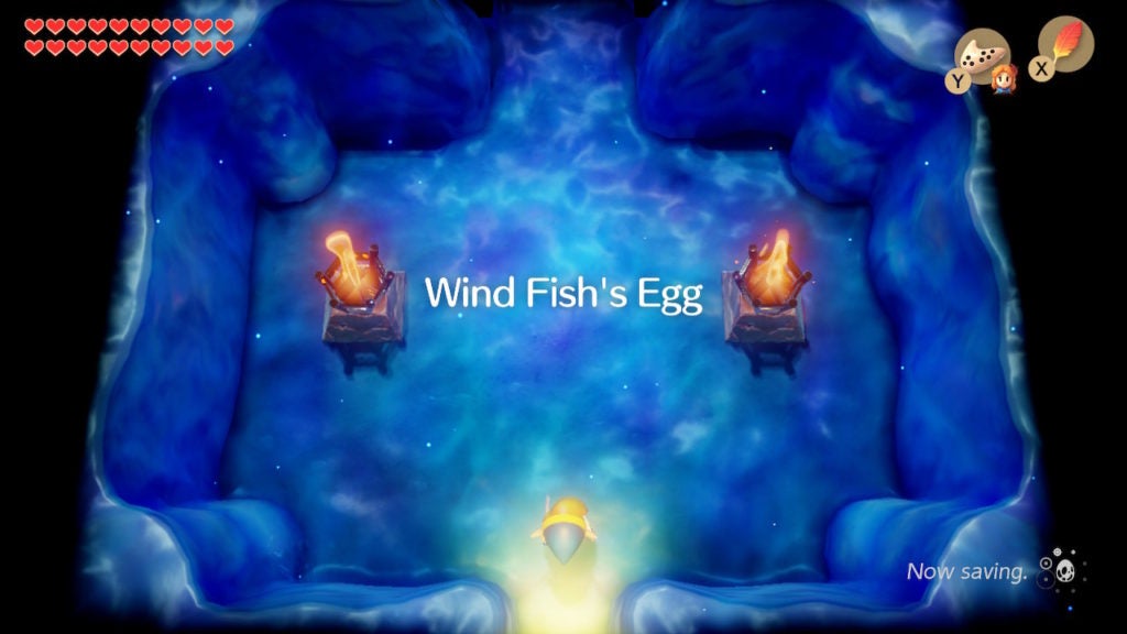 Link in the entrance of the Wind Fish's Egg. The area is blue and has 2 torches.