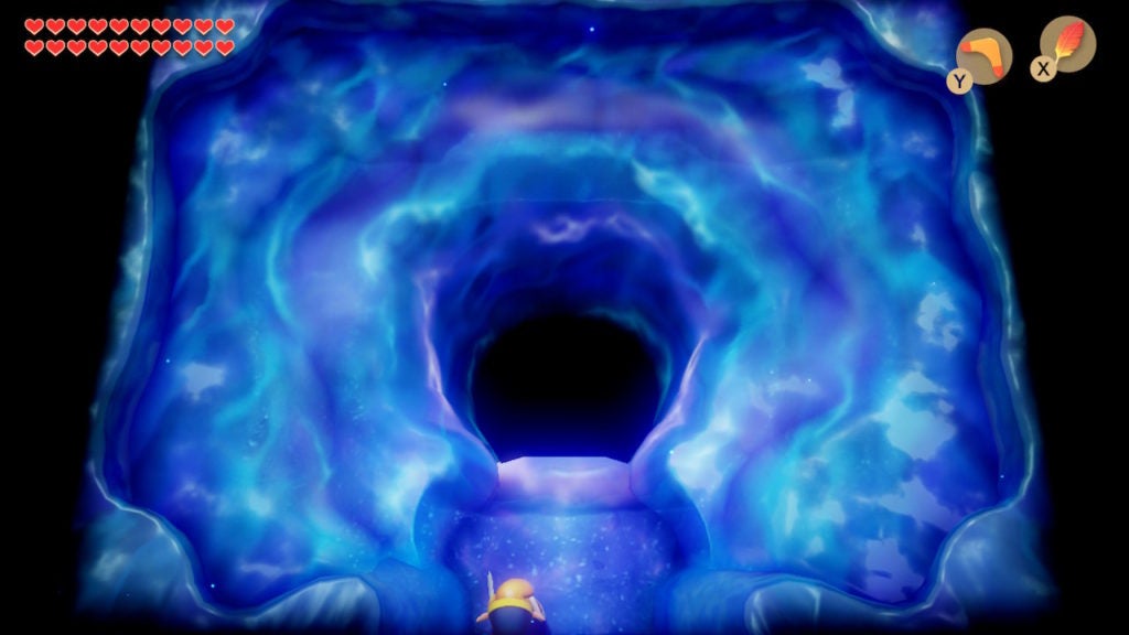 Hole in the Wind Fish's Egg that leads to the boss room. The gap is round and looks like a natural well in the blue floor of the room.