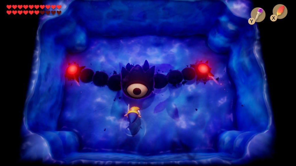 Link looking at the game's final boss directly in their eye from very close. Dethl is a shadowy eye with two long arms.