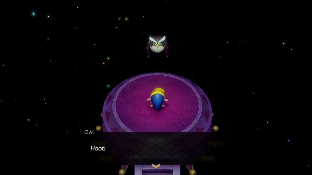 The wise Owl is flying ad hooting at Link, who is standing on a purple platform in a dark area with stars in the distance.