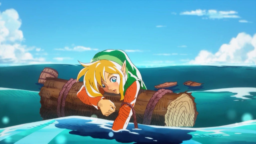 Link waking up while floating on a log at sea.