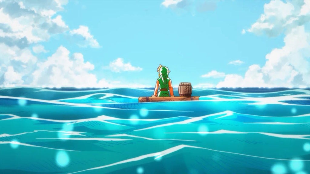 Link sitting on a raft among blue-green ocean waves and looking up at the sky.