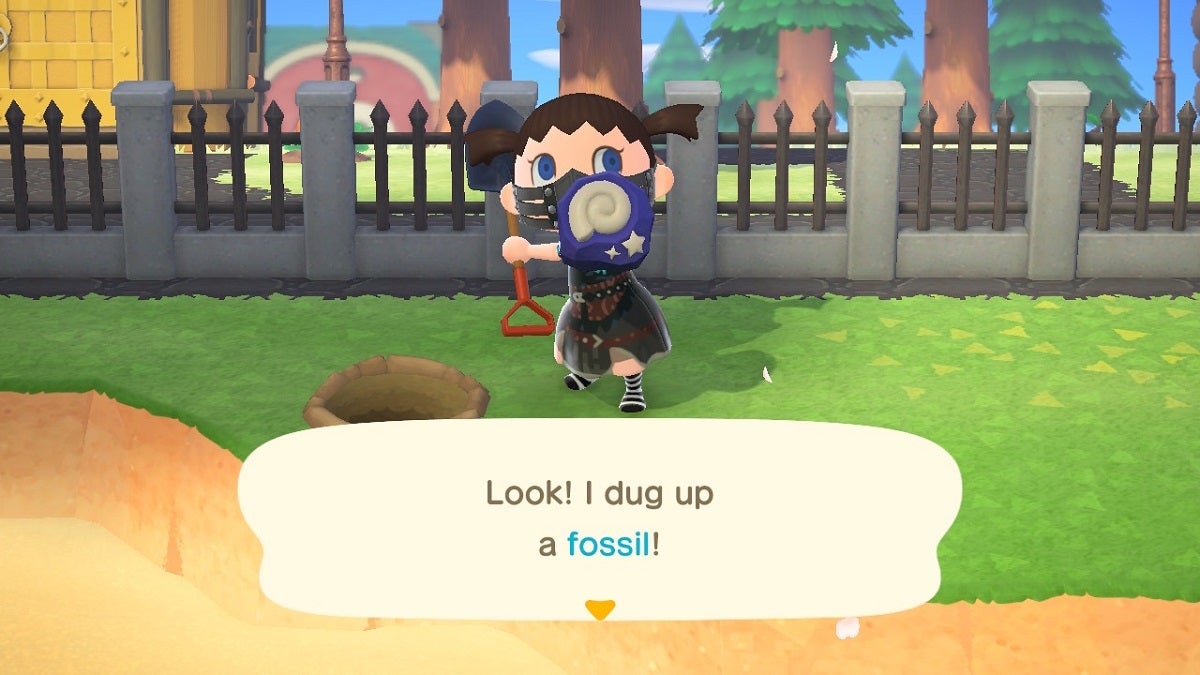 Character digging up a fossil