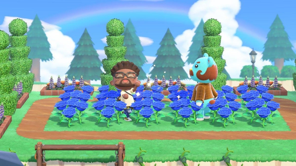 Characters in a field of Blue Roses.