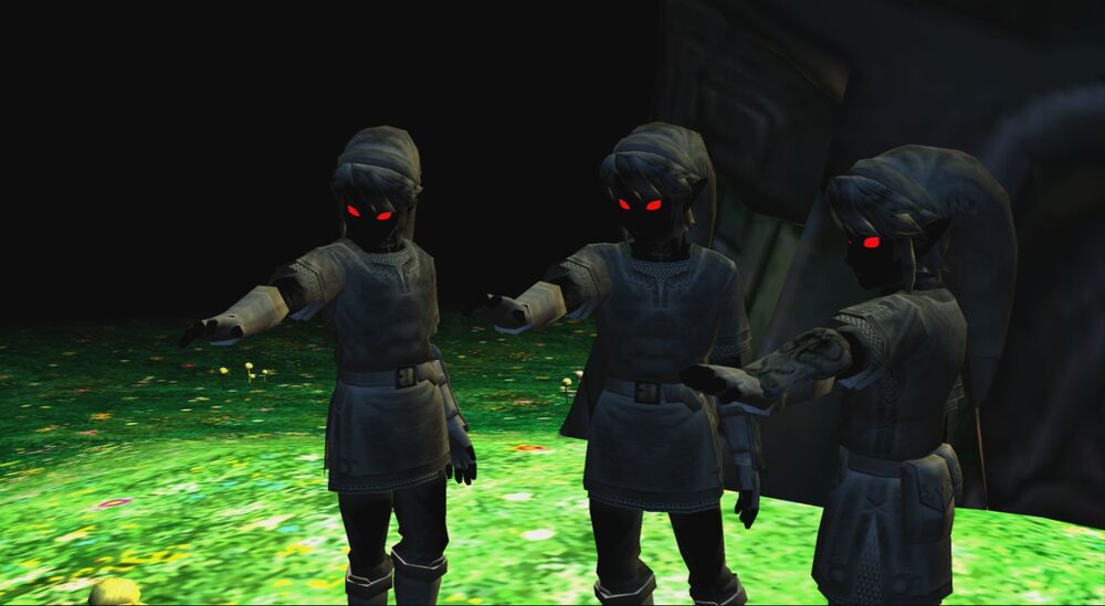 A group of 3 individuals who look like shadow versions of Link with red eyes.