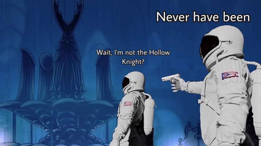 Astronaut facing the Hollow Knight statue, realizing he's not the Hollow Knight.