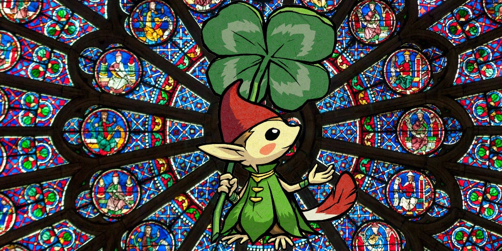 A small humanoid creature with long ears and a tail holding up a four-leaf clover in front of a radial stain glass window.