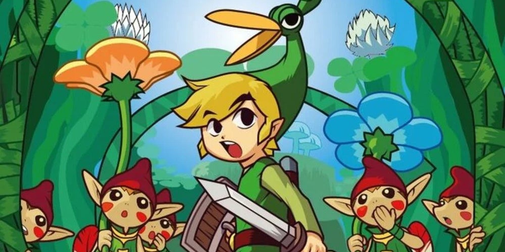Cropped art from The Legend of Zelda: the Minish Cap. Link is wearing the Minish Cap while surrounded by tall grass and Picori.