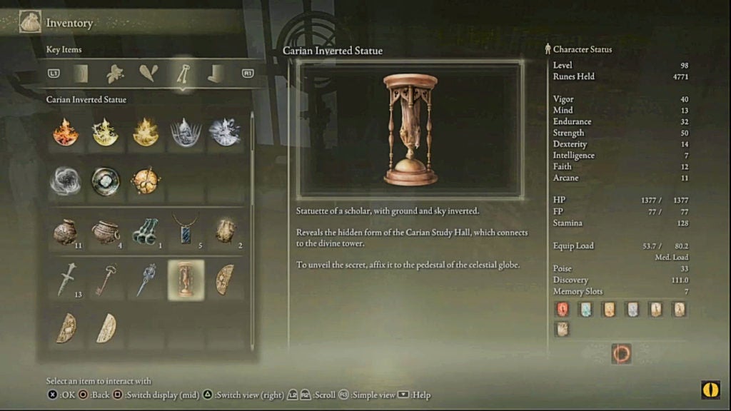 The Carian Inverted Statue's item text that hints of its purpose to flip the Carian Study Hall.