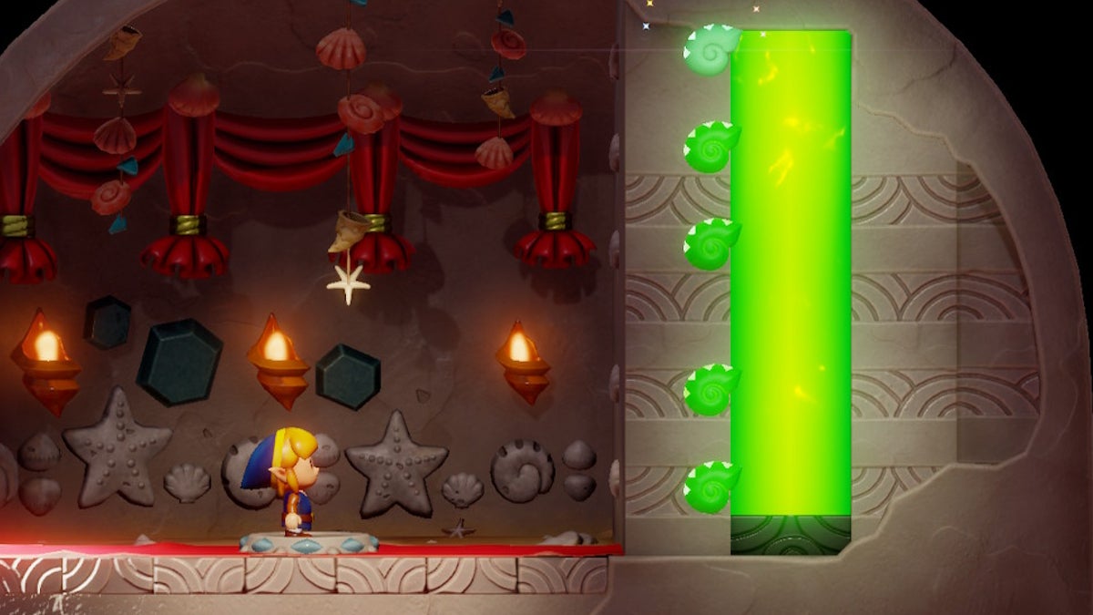 Link standing on the pressure plate in Seashell Mansion while the green meter on the right fully fills up.