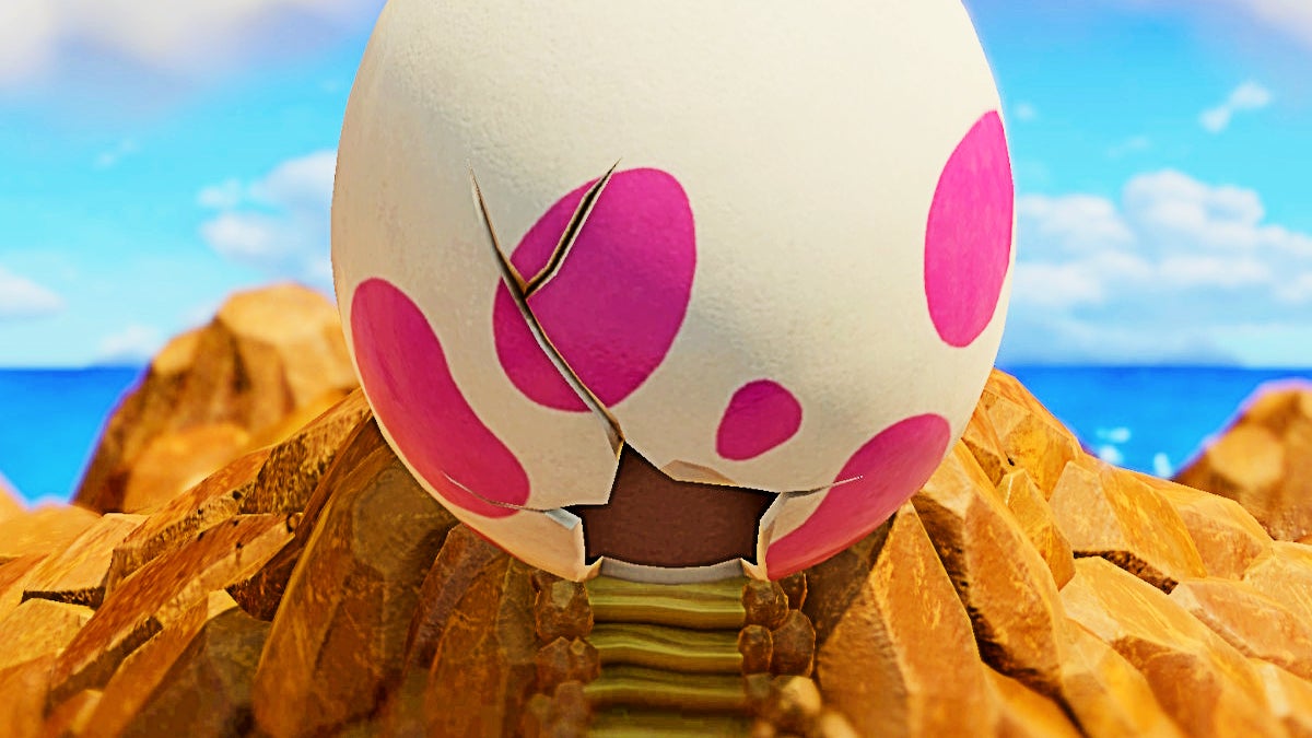 The Wind Fish's Egg with a huge crack at its bottom. The giant egg has big pink spots and is sitting on a mountaintop.