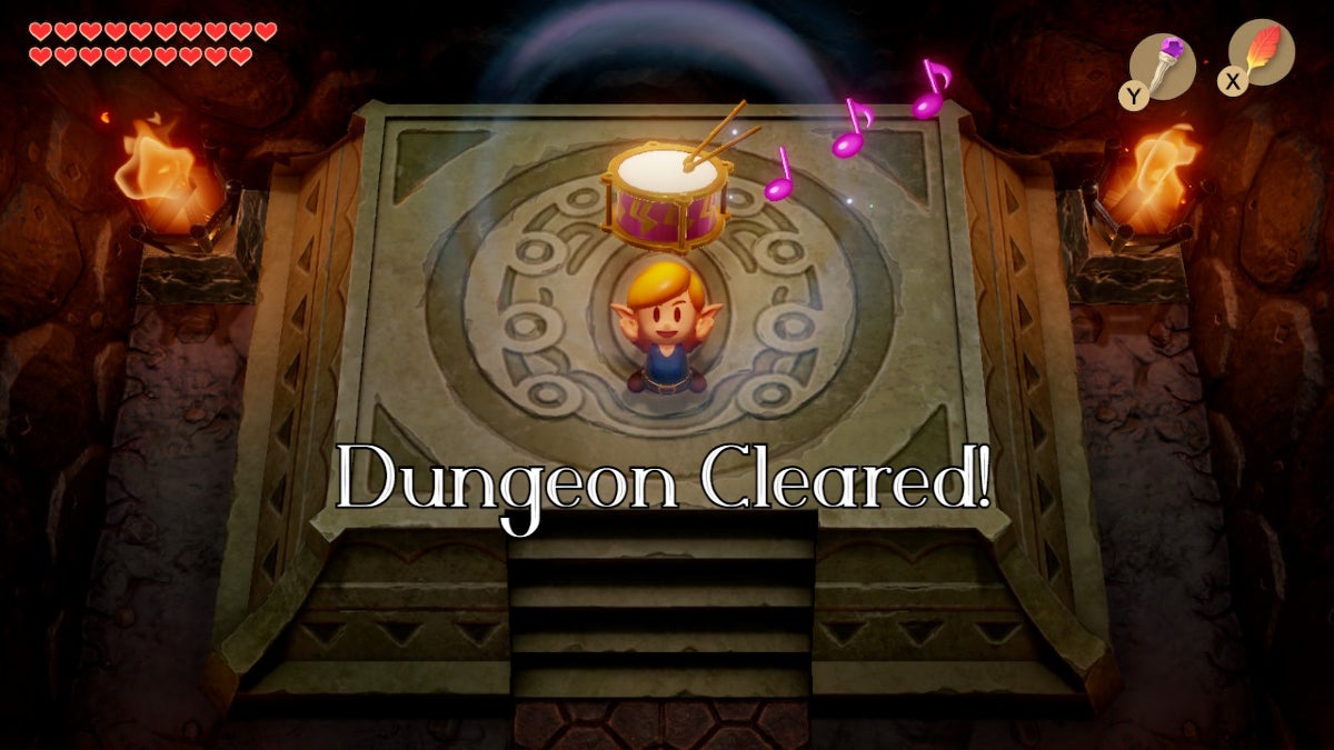 Link holding up the Thunder Drum with the text "dungeon cleared!" below him.