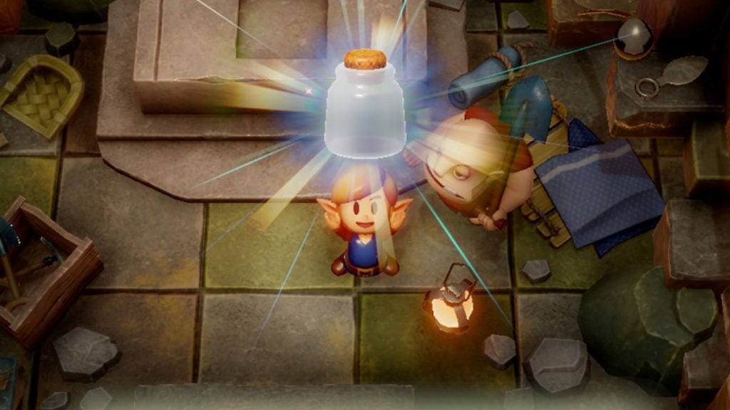 Link holding up an empty glass bottle while Dampé is standing nearby.