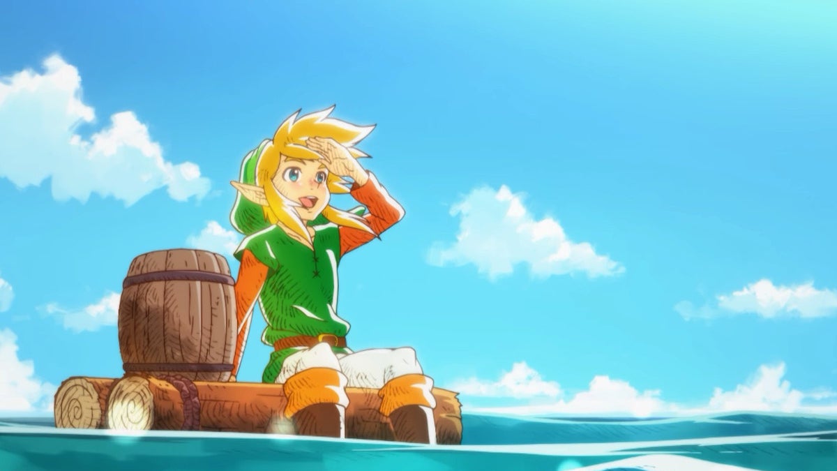 Link sitting on a raft floating in the ocean and looking up at a clear blue sky.