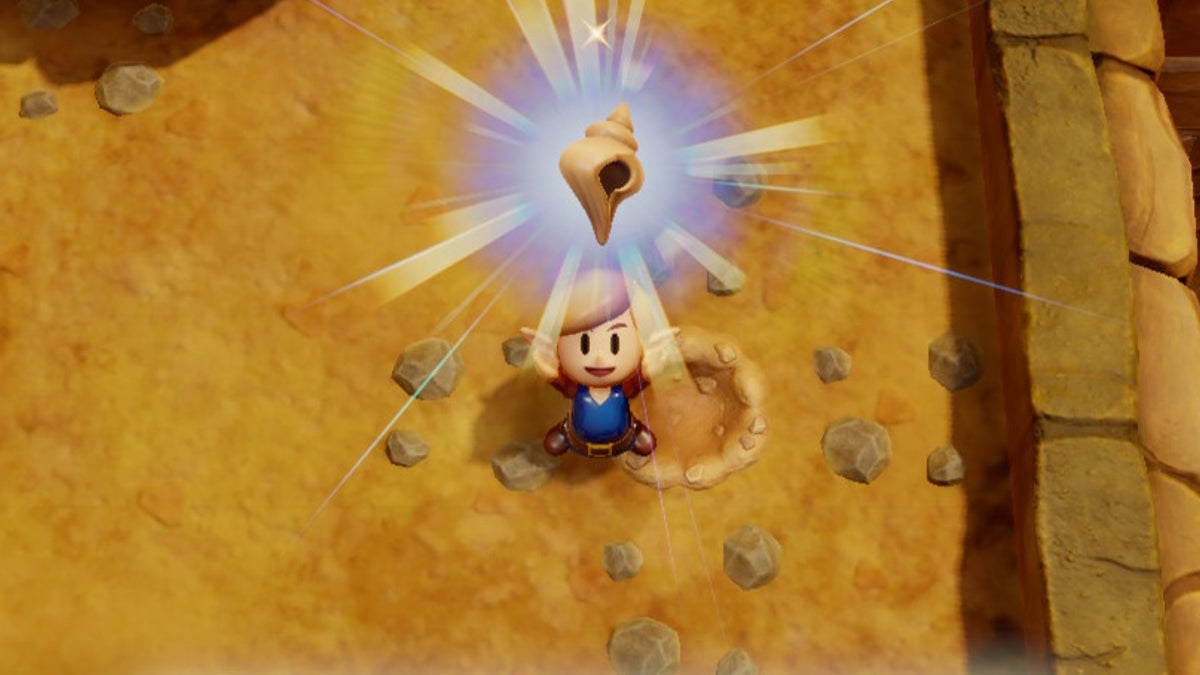 Link holding up a Secret Seashell above his head.