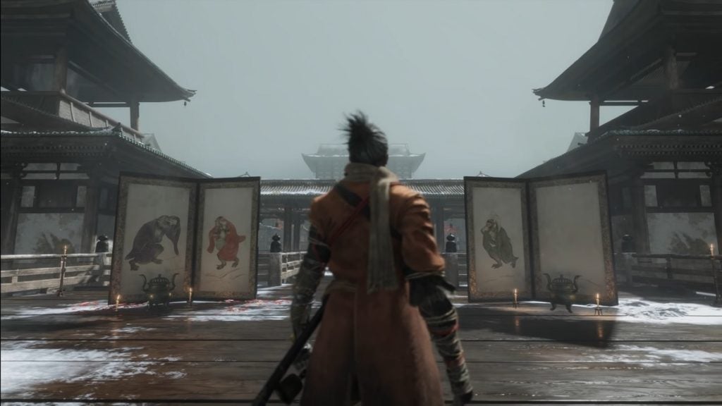 Sekiro at the Hall of Illusions, about to face the Folding Screen Monkeys.