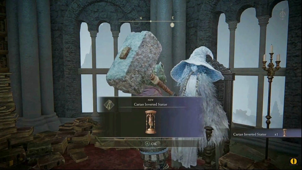 The player getting an hourglass-like key item from Ranni the witch.