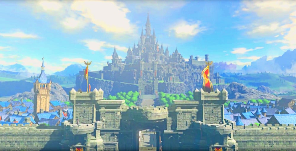 A screenshot of Hyrule Castle from The Legend of Zelda: Breath of the Wild.