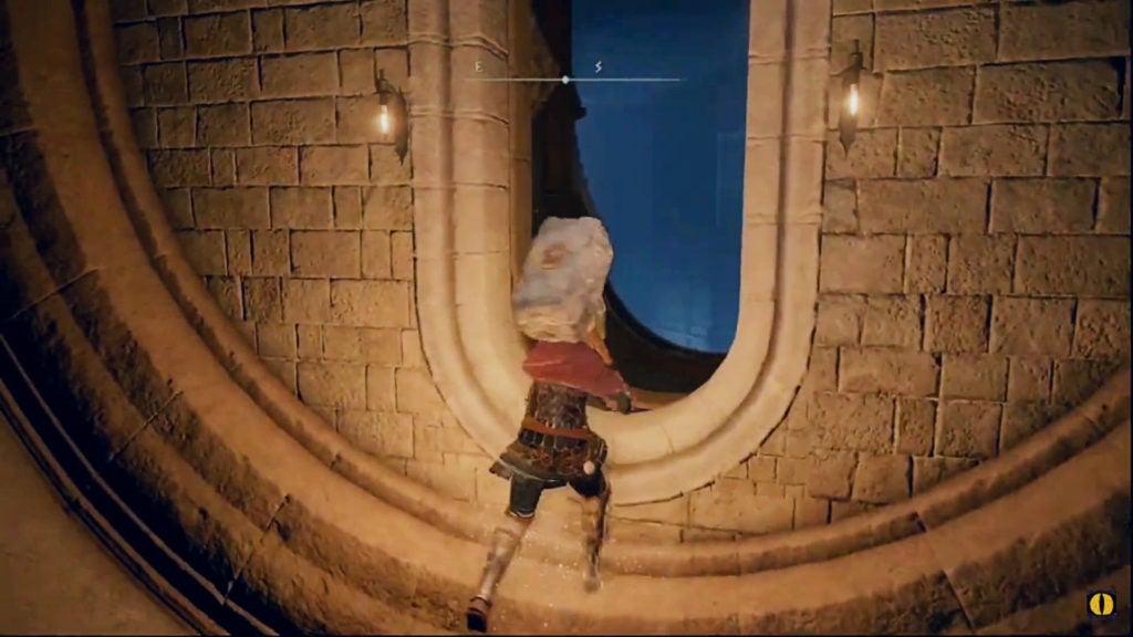 The player jumping through an upsidedown stone doorway.