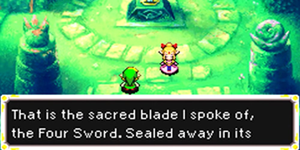Screenshot from the opening cutscene of Four Swords gameplay where Zelda is standing with Link near the Four Sword in its pedestal.